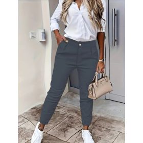 Women's Autumn Pocket Slim Fashion Casual Cropped Trousers (Option: Dark Grey-L)
