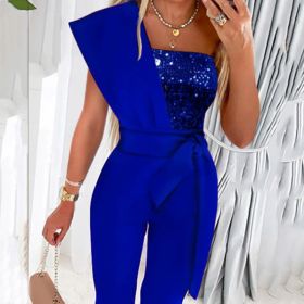 New Solid Color Sleeveless Belt Decorative Slim-fitting Patchwork Sequin Women's Trousers (Option: XS-Blue)