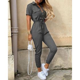 Printed Belt Work Overalls Short Sleeves (Option: Grey-L)