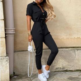 Printed Belt Work Overalls Short Sleeves (Option: Black-S)