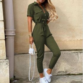Printed Belt Work Overalls Short Sleeves (Option: Army Green-2XL)