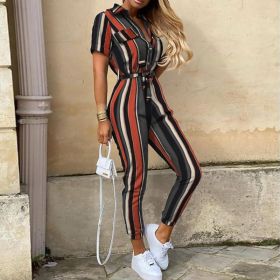 Printed Belt Work Overalls Short Sleeves (Option: Stripes-L)
