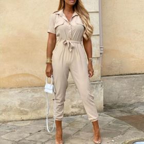 Printed Belt Work Overalls Short Sleeves (Option: Beige-XL)