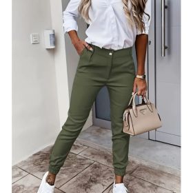 Women's Autumn Pocket Slim Fashion Casual Cropped Trousers (Option: Dark Green-XL)