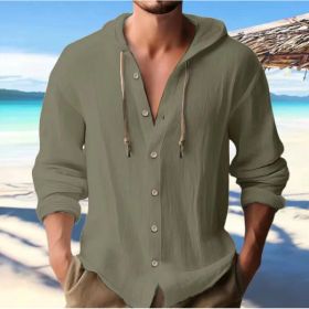 Cotton And Linen Shirt Hooded Sweater Button Long Sleeve (Option: Army Green-XXL)