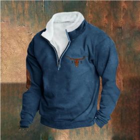 Retro Patchwork Half Cardigan Men's Long-sleeved Sweater (Option: Dark Blue-S)