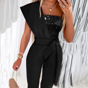 New Solid Color Sleeveless Belt Decorative Slim-fitting Patchwork Sequin Women's Trousers (Option: L-Black)