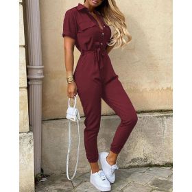 Printed Belt Work Overalls Short Sleeves (Option: Wine Red-S)