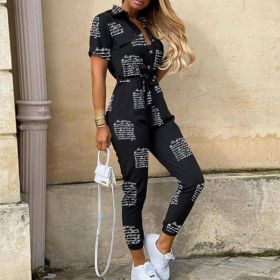 Printed Belt Work Overalls Short Sleeves (Option: Black print-XL)