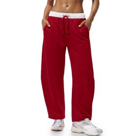 Fisoew Womens Wide Leg Sweatpants Baggy Drawstring Elastic Waisted Travel Track Pants Color Block Joggers With Pockets (Option: Red-XL)