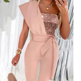 New Solid Color Sleeveless Belt Decorative Slim-fitting Patchwork Sequin Women's Trousers (Option: S-Pink)