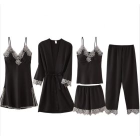 French Pajamas Spring And Summer Thin Ice Silk Nightdress Five-piece Suit (Option: Black-XL)