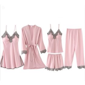 French Pajamas Spring And Summer Thin Ice Silk Nightdress Five-piece Suit (Option: Pink-M)
