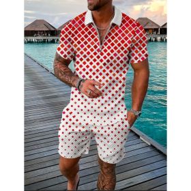 Polo Shirt Sports Short Sleeve Shorts Suit For Men (Option: Red and white check-3XL)