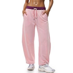 Fisoew Womens Wide Leg Sweatpants Baggy Drawstring Elastic Waisted Travel Track Pants Color Block Joggers With Pockets (Option: Baby Pink-XXL)