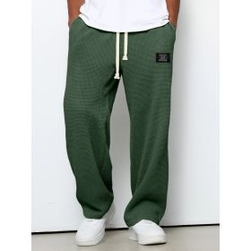 Waffle Straight Pants Fashion Brand Loose Loose  Drawstring Pockets Trousers Casual Men's Clothing (Option: Dark Green-M)