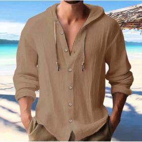 Cotton And Linen Shirt Hooded Sweater Button Long Sleeve (Option: Dark brown-XXXL)