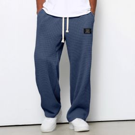Waffle Straight Pants Fashion Brand Loose Loose  Drawstring Pockets Trousers Casual Men's Clothing (Option: Navy Blue-L)