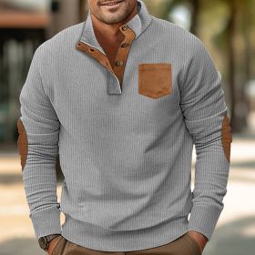 Patch Pocket Jacket Stand Collar Long Sleeve Corduroy Multicolor Hoodie (Option: Light Gray-XXXL)