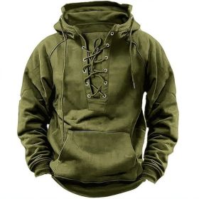 Ins Lace-up Hoodie Casual Sports Pocket Sweatshirt Men's Long-sleeved Top Clothing (Option: Army Green-L)