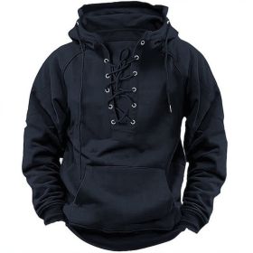 Ins Lace-up Hoodie Casual Sports Pocket Sweatshirt Men's Long-sleeved Top Clothing (Option: Black-2XL)